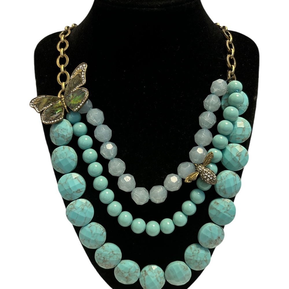 Fossil Brass Tone Layered Faux Turquoise Colored Beaded Necklace 20”